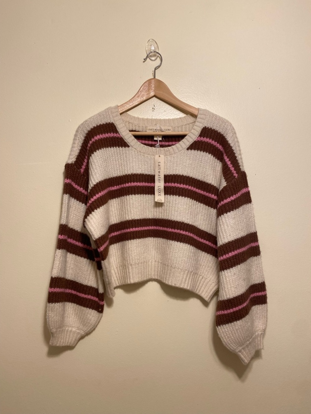 SALTWATER LUXE  Cream Cropped Sweater with Brown and Pink Stripes. Size XS. New